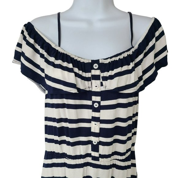 EUC Emerald Sundae Cold/Off Shoulder Womens Sz XL Navy Blue White Striped Dress - Picture 2 of 8